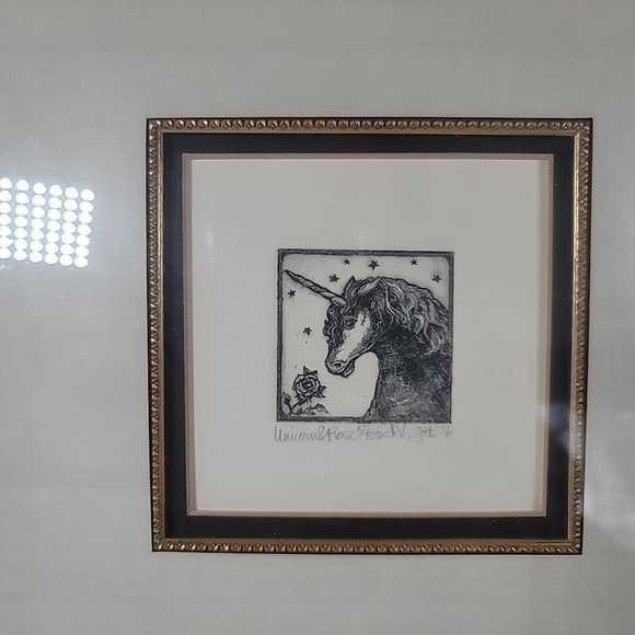 Rare Etching Unicorn & Rose 1976 Alice V. Scott Framed & Matted 12" x 12" 50/100 - Picture 5 of 8